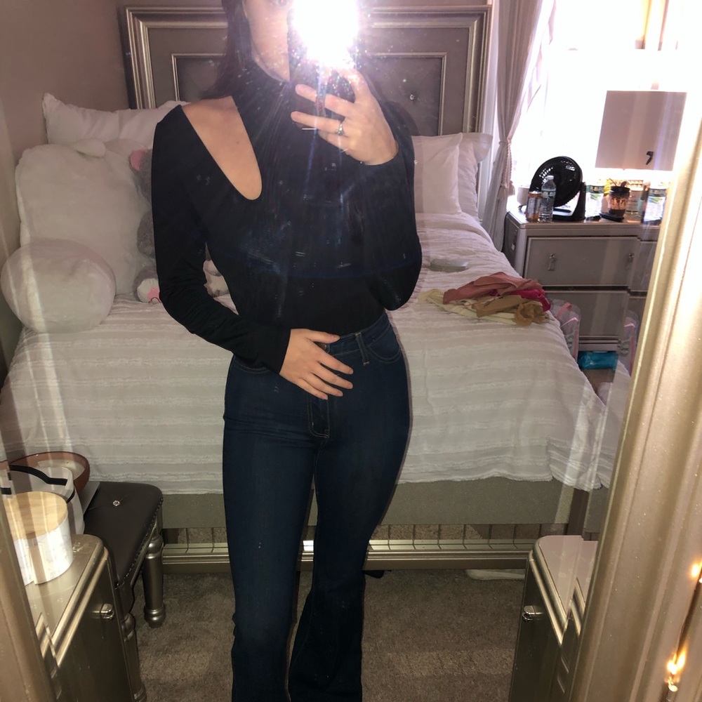 Black Shoulder Cut Out Turtleneck Bodysuit